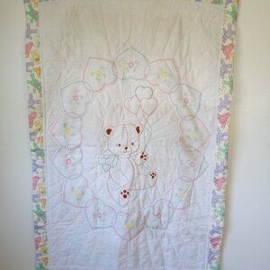 Vintage Handmade Embroidered and Quilted Teddy Bear Themed Child/Baby Blanket